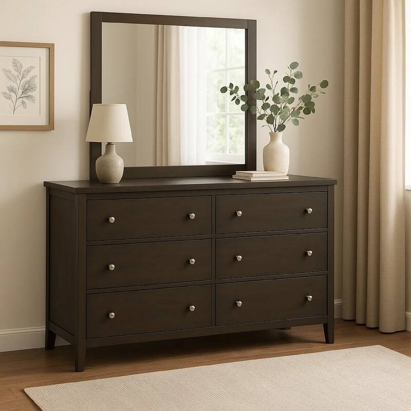 Wlly Wide Dresser with Matching Mirror, 6 Drawers, Dark Brown Wood