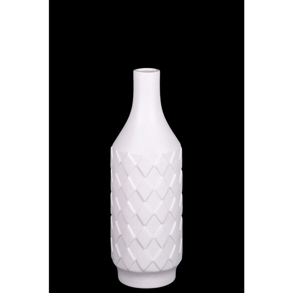Artistically Designed Ceramic Bottle Vase With Diamond Pattern, Small, White