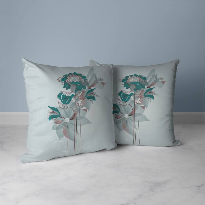 Flowers Line Art Faux Suede Reversible Throw Pillow Mint and Green
