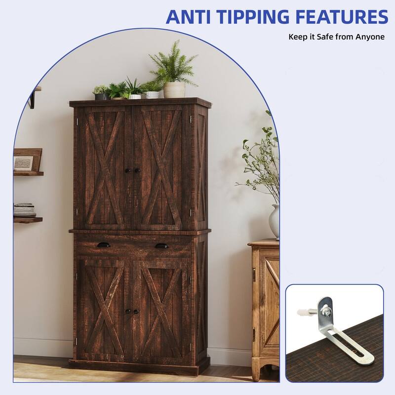 Farmhouse Kitchen Storage Pantry Cabinet with with 4 Barn Doors and Large Drawer & Adjustable Shelves