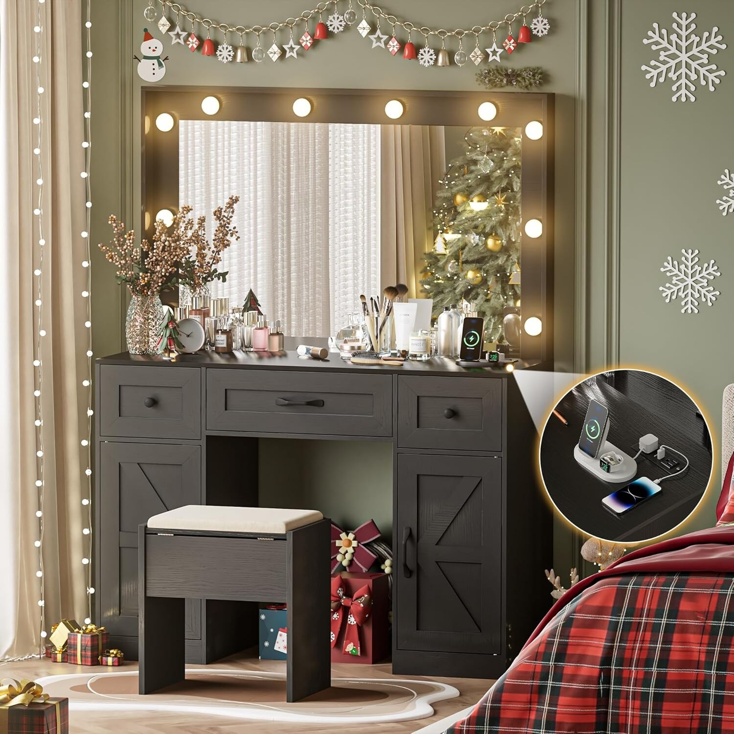 43.3 Wide Makeup Vanity Dressing Table with Adjustable Lighted Mirror and Stool Power Outlet On Sale Bed Bath Beyond 38881313