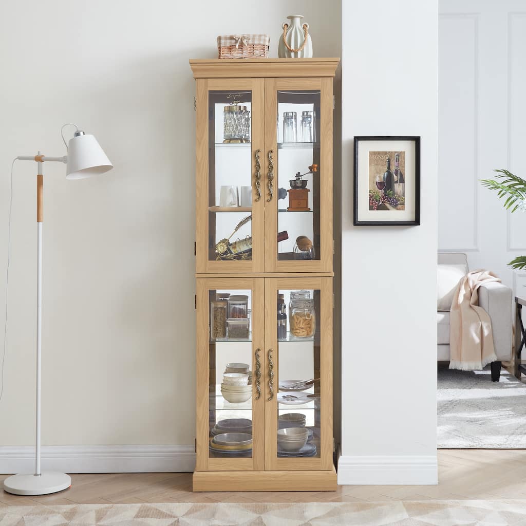 Lighted Curio Display Cabinet, Floor Standing Wooden China Cabinet with Mirrored Back Pane, 4 Glass Doors & Adjustable Shelves