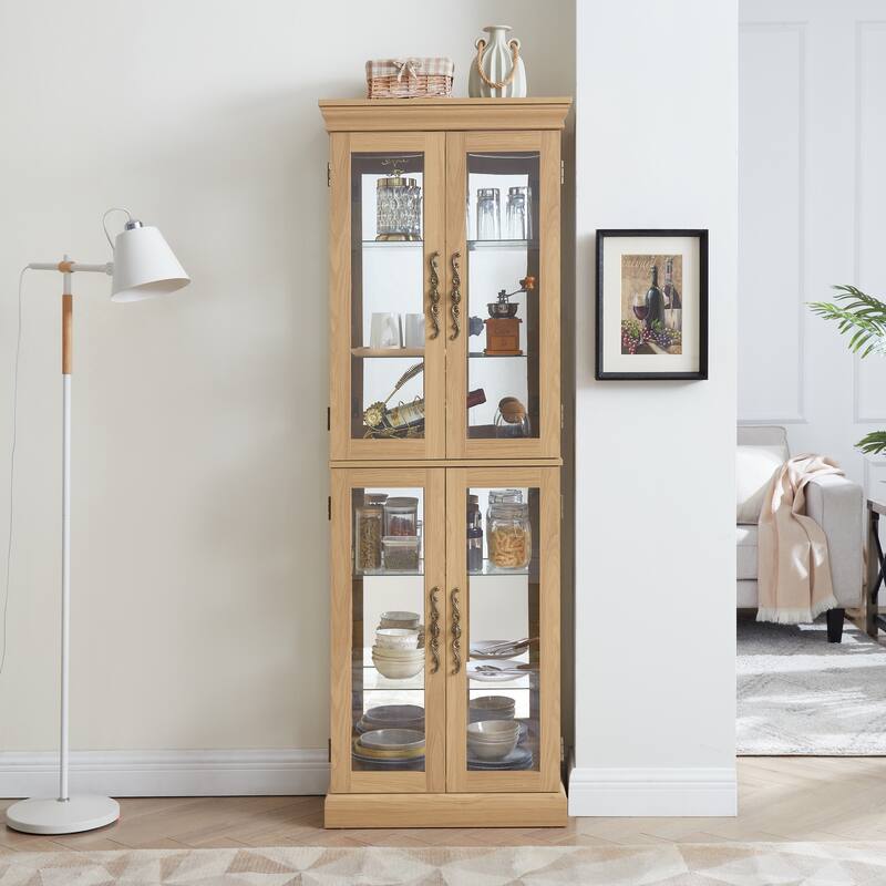 Lighted Glass Curio Display Cabinet: Wood Frame, Wine/Toy Storage - For Living Room/Kitchen, Bulb Included
