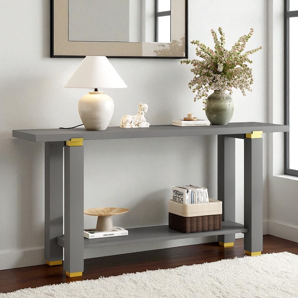 62.9" Modern Minimalist Console Table with Metal Accents, Solid Pine Wood Legs and Bottom Storage Shelf for Entryway