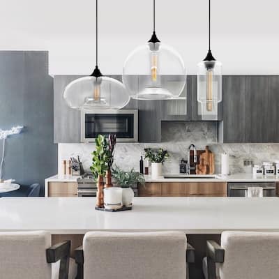 3-Light Black Orb Pendant Light Linear Cluster Clear Glass Globe Bubble Chandelier - 27.5 in. W x 78.8 in. H