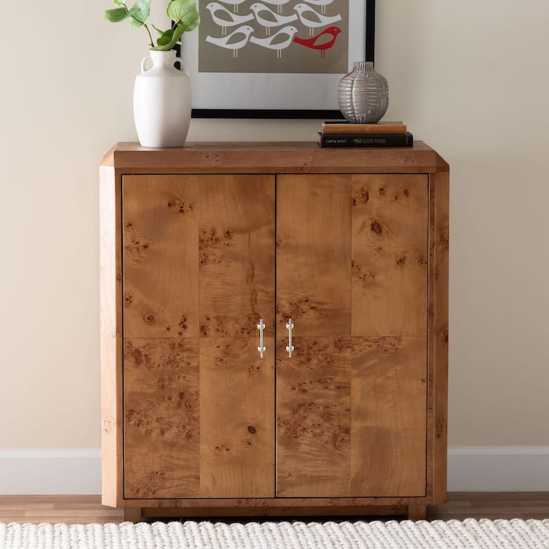 Valora Real Burl Wood Storage Cabinet - Modern Accent Cupboard with Double Doors and Brass Handles, Elegant Sideboard