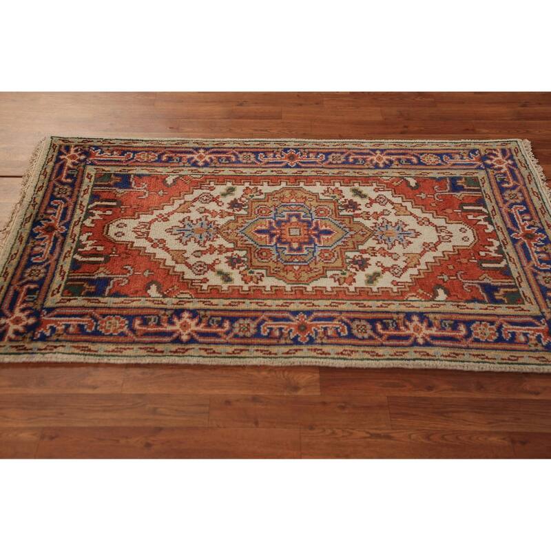 Ivory & Orange Heriz Serapi Indian Foyer Rug Handmade Wool Carpet - 3'0"x 5'1"