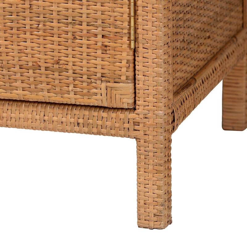 Mortis Natural Rattan Display Shelf with 2-Door Storage Cabinet - Coastal Boho Wicker Bookcase or Hutch for Living Room