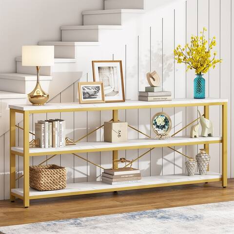 Brown Industrial Extra Long Console Sofa Table,White/ Gold 3 Tiers TV Stand