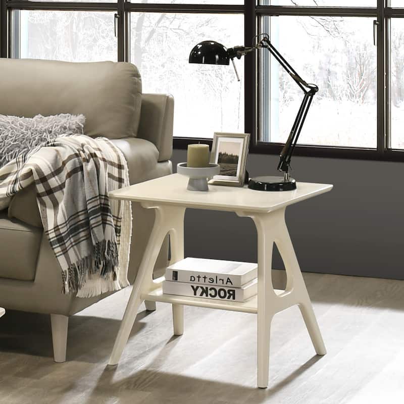 Roundhill Furniture Arona Mid-Century Modern Wood End Table with Shelf - Off-White