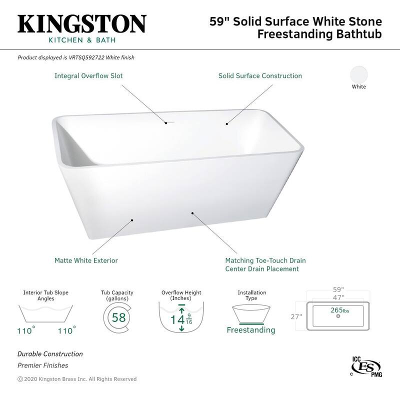 Kingston Brass Aqua Eden 59" Free Standing Engineered Stone Soaking