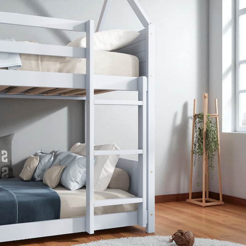 Twin Over Twin House Bunk Bed with Roof Frame, Guardrails, Ladder and Fluted Headboards, Solid Rubber Wood