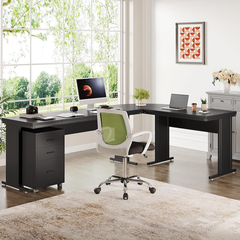 83" L-Shaped Executive Desk, Large L Office Desk with 3-Drawer Mobile File Cabinet, Business Furniture Desk Workstation