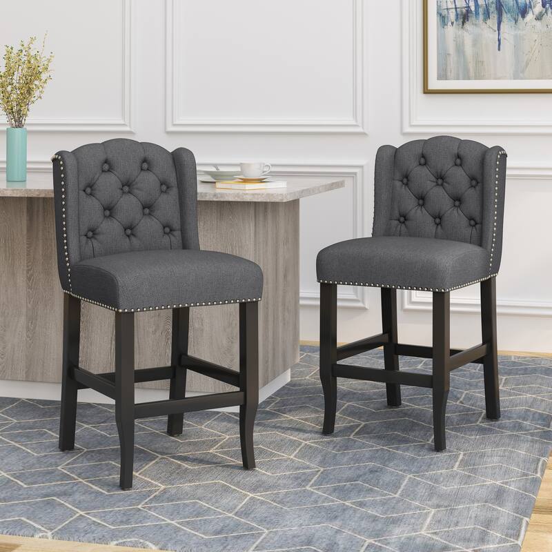 31 Inch Fabric Tufted Wingback Counter Stools, Set of 2