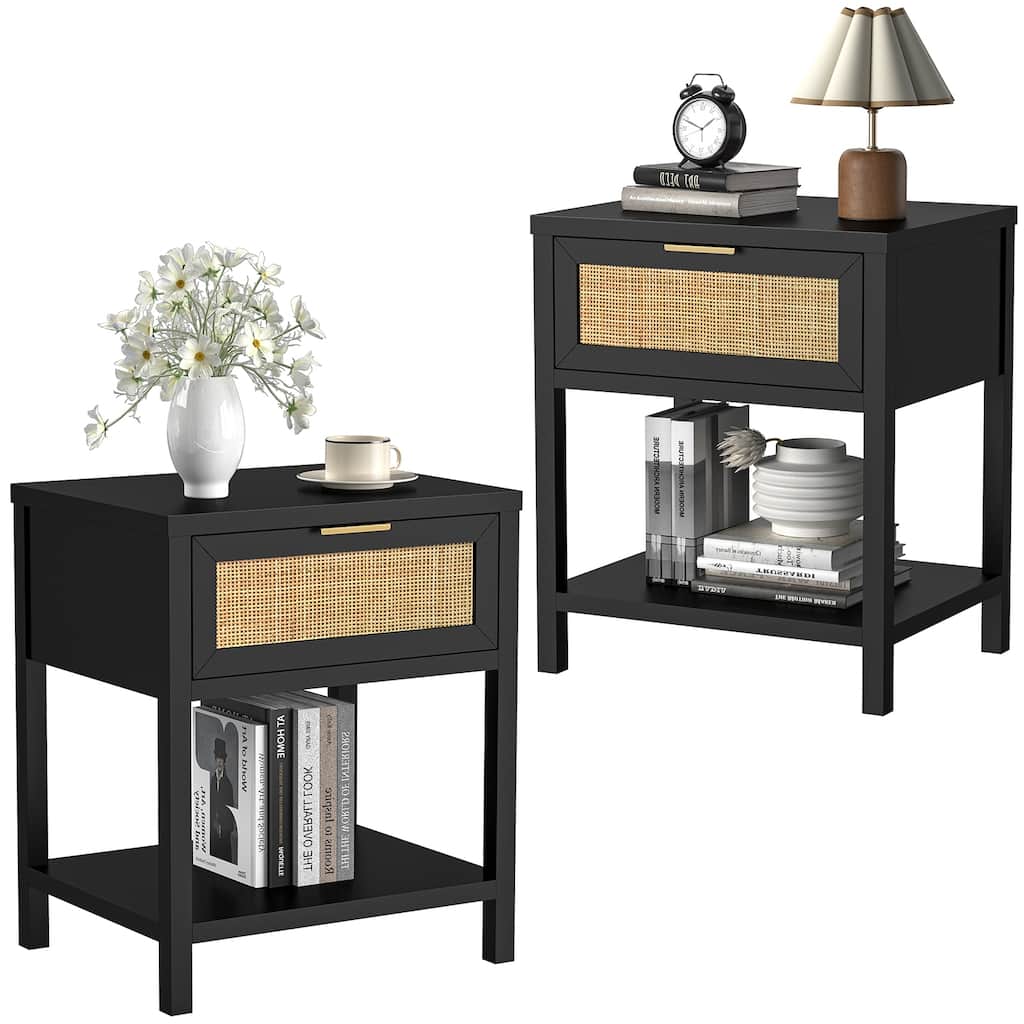 Black Nightstand Set of 2 - Rattan with Drawer & Open Shelf, Mid-Century Modern