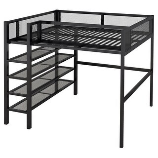 Metal Loft Bed with Guardrail and 4-Tier Shelves,Black - Full