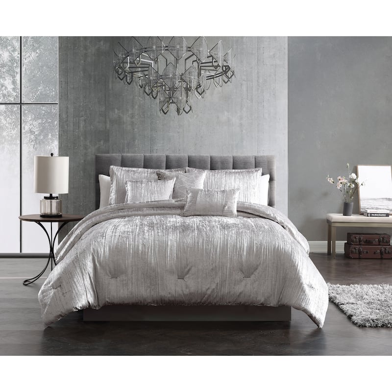 Riverbrook Home Turin Crinkled Velvet Comforter Collection - Silver - Queen - 7 Piece
