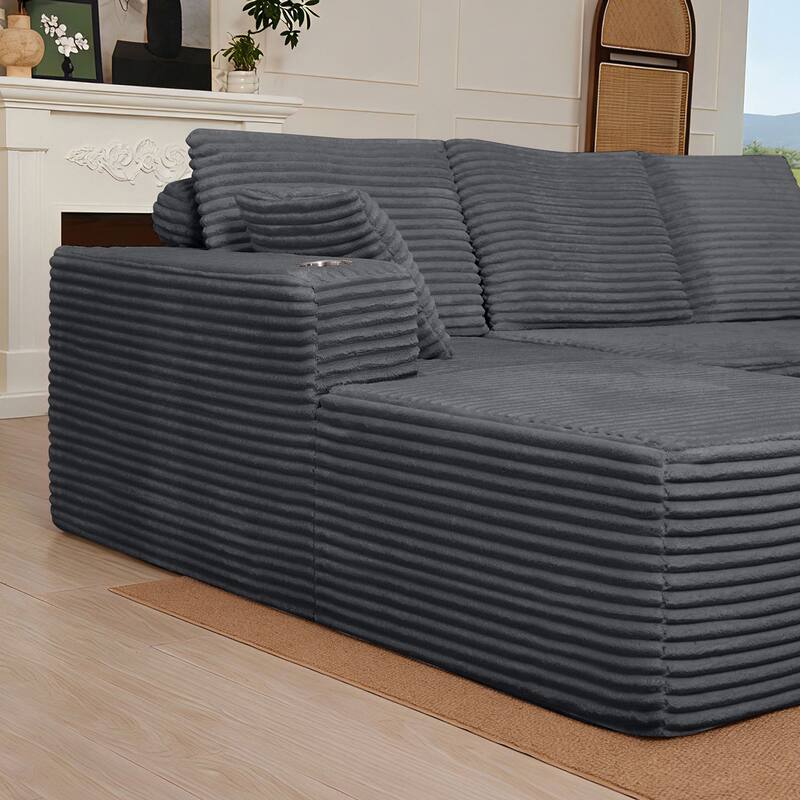 102.76" Corduroy Cloudy L Shaped Sofa with Headrests