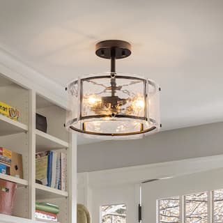 3 - Light Farmhouse Lantern Ripple Glass Drum Semi Flush Mount