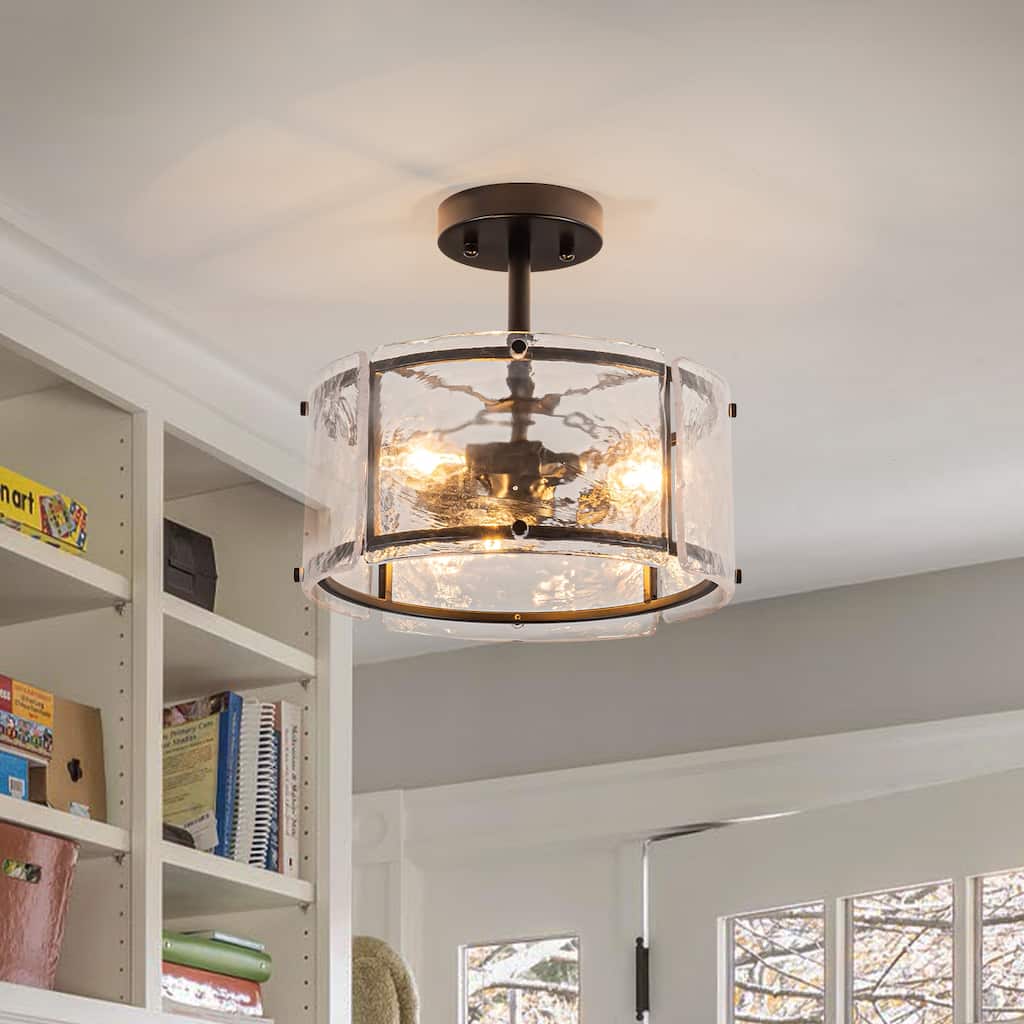 3 - Light Farmhouse Lantern Drum Semi Flush Mount Ceiling Light with Ripple Glass Shade
