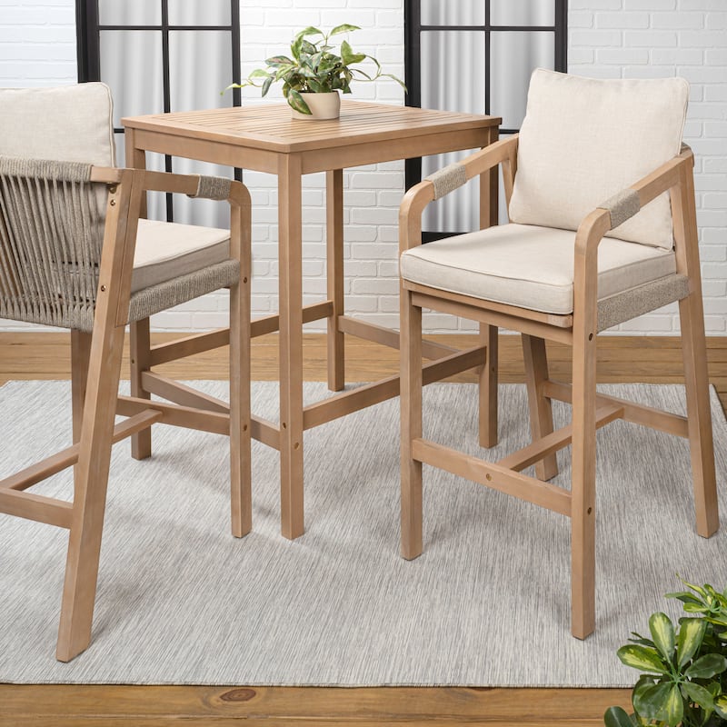 3-Piece Acacia Wood Outdoor Bar Set with Cushions, by JONATHAN Y
