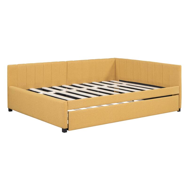 Full Size Linen Upholstered Daybed with Twin Trundle, Sturdy MDF Frame, No Box Spring Required, Perfect for Guests