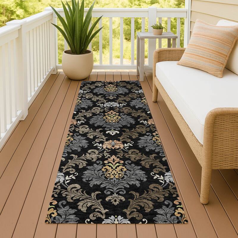 Machine Washable Indoor/ Outdoor Damask Patna Chantille Rug - Black - 2'3" x 7'6"