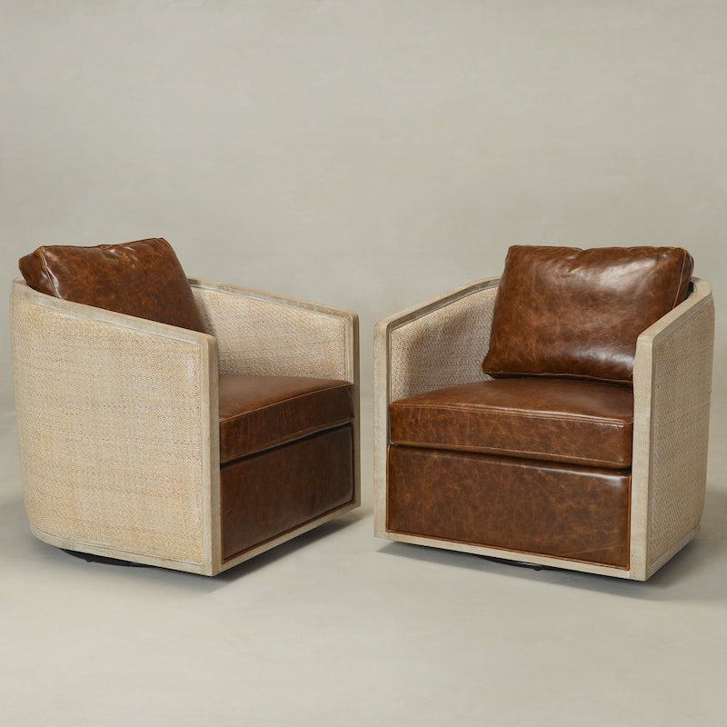 KINWELL 31"W Oak Frame Upholstered Swivel Barrel Armchair