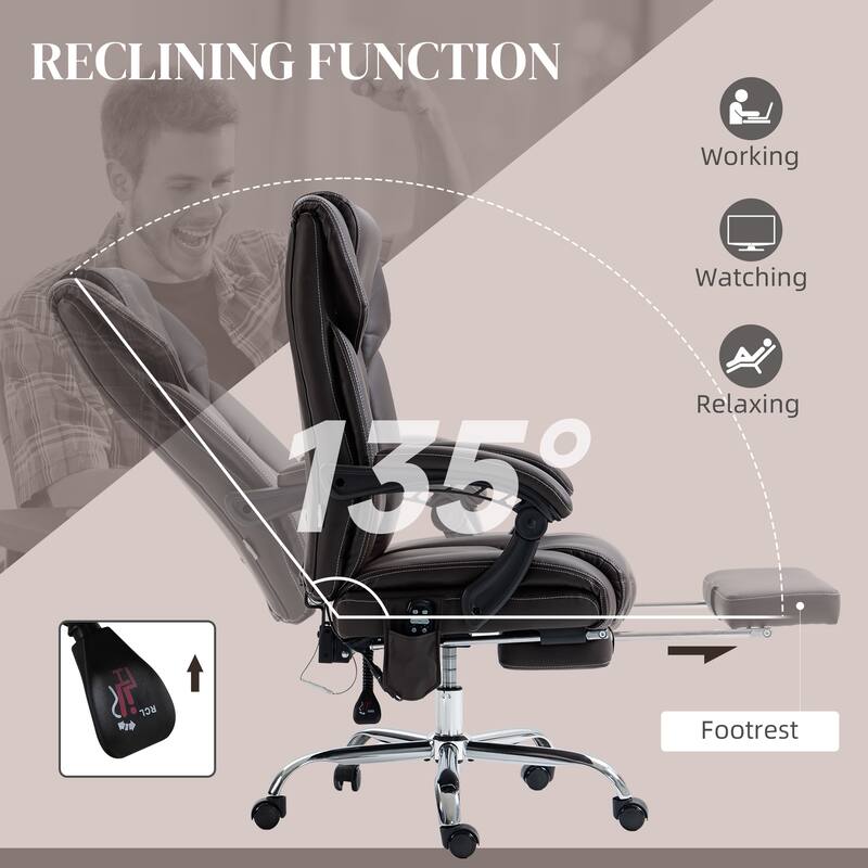 Vinsetto Massage Office Chair with 6 Vibration Points, Lumbar Heated PU Leather Reclining Computer Chair with Adjustable Height