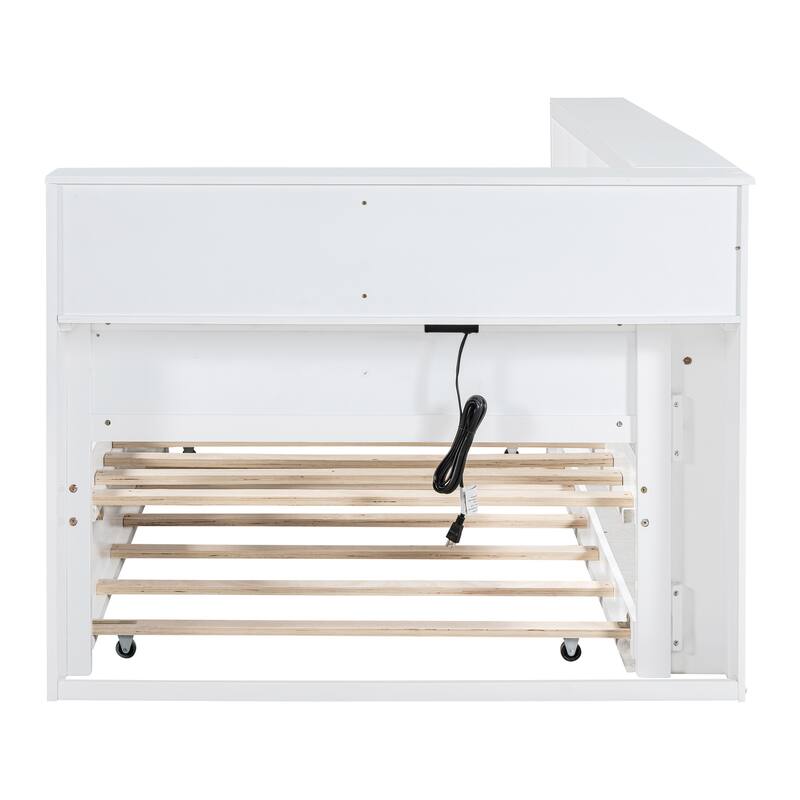 Wooden White Twin Size Daybed with Trundle Bed & Storage Shelf