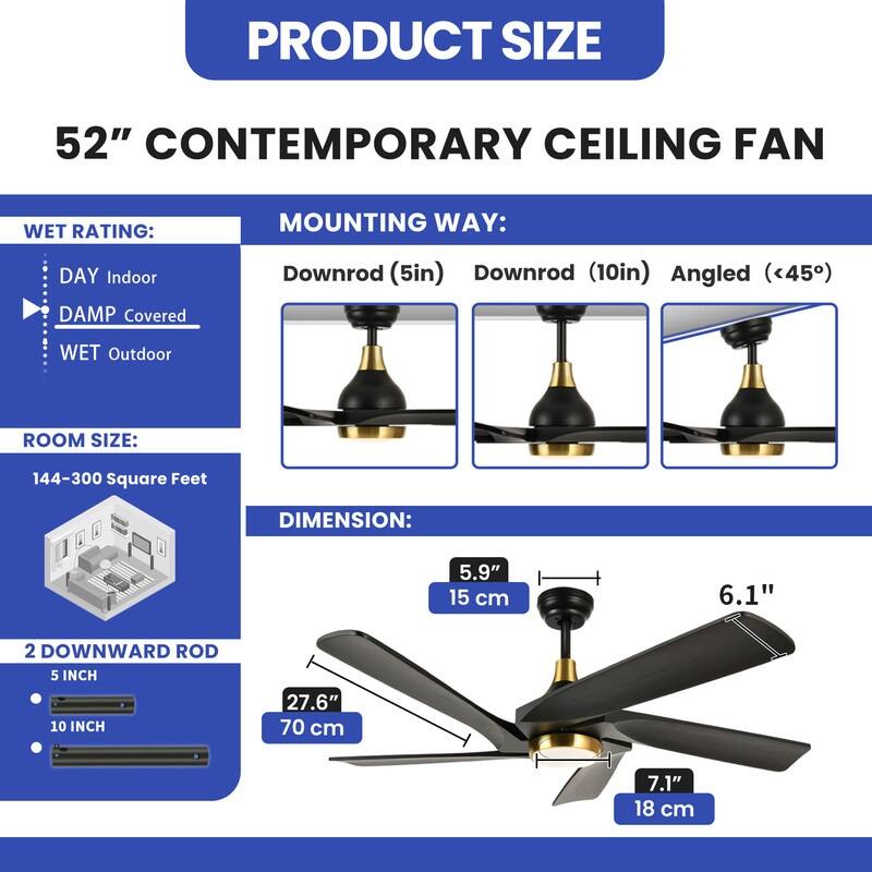 52" Ceiling Fan Lights With Remote Control and 5 Solid Wood Blades