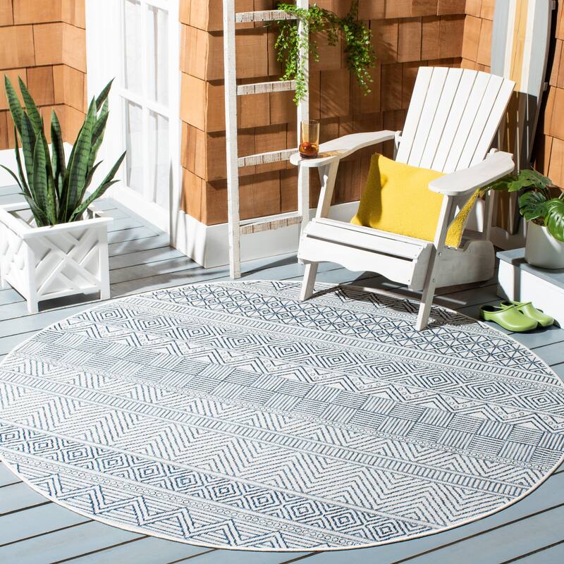 SAFAVIEH Courtyard Rozenn Indoor/ Outdoor Waterproof Patio Backyard Rug - 5'3" Round - Ivory/Navy