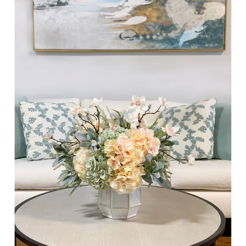 Butterfly Magnolias, Hydrangeas, and Lamb's Ear Arrangement in a Ceramic Vase - White, Pink, Seafoam, Peach, Green