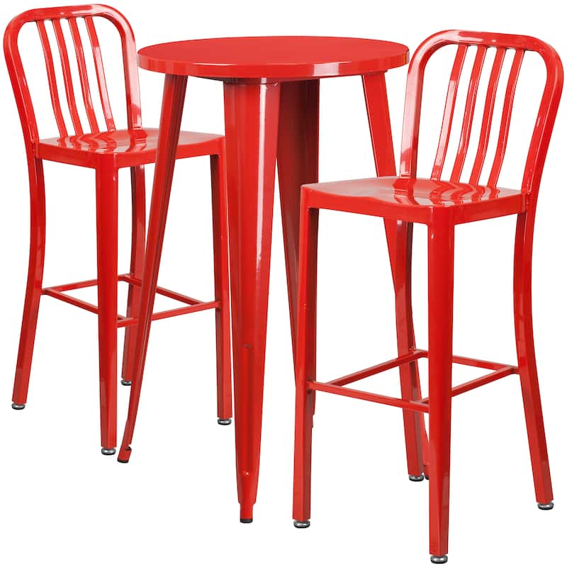 24'' Round Metal Indoor-Outdoor Bar Table Set with 2 Vertical Slat Back Stools - 24"W x 24"D x 41"H