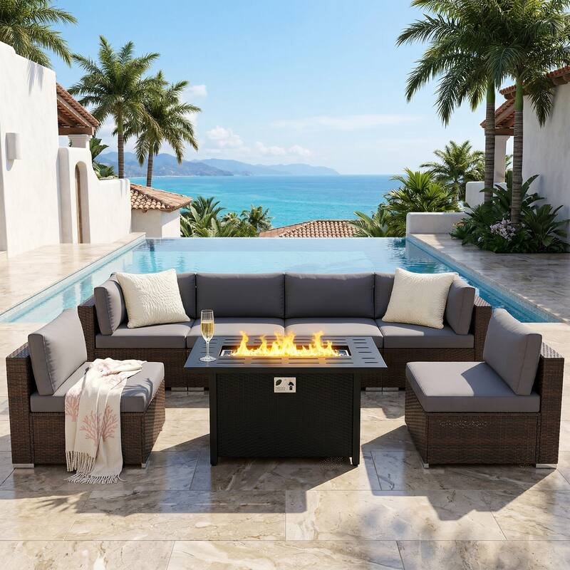 Outdoor Wicker Sectional Sofa 8-Piece Set with Fire Pit Table - Brown/Dark grey