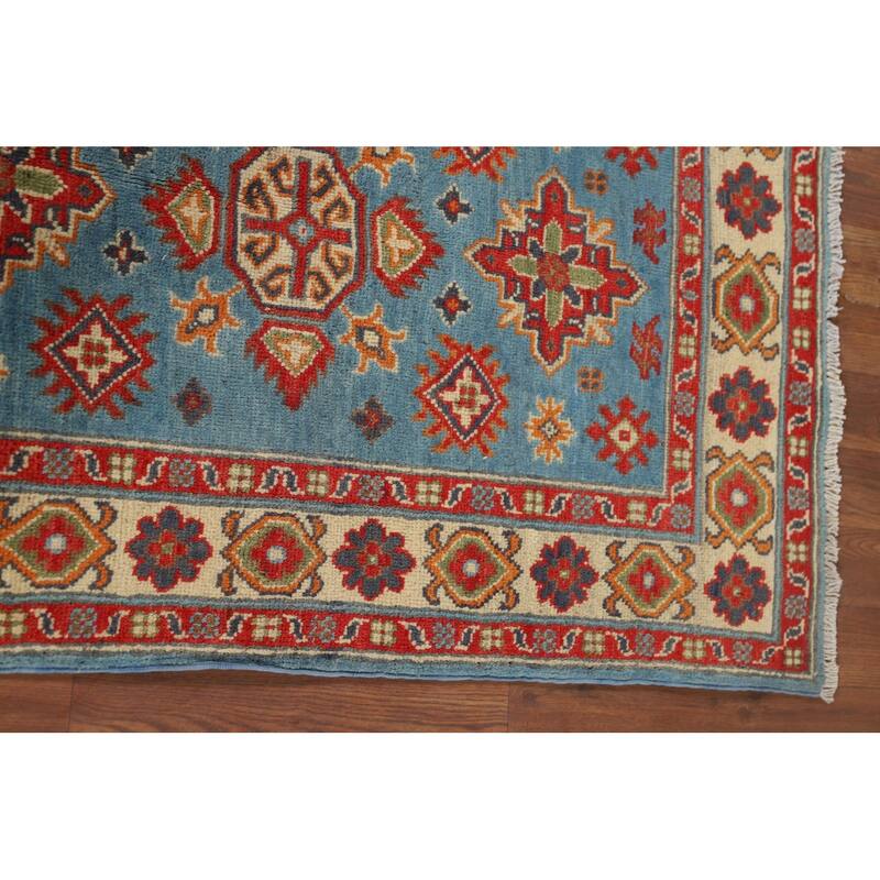 Light Blue Geometric Kazak Rug Hand-Knotted Oriental Wool Carpet - 2'8" x 3'11"