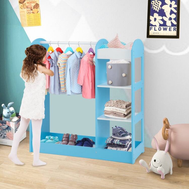 Kids Dress-Up Armoire with Mirror & Storage Wooden Costume Closet Organizer for Toddlers