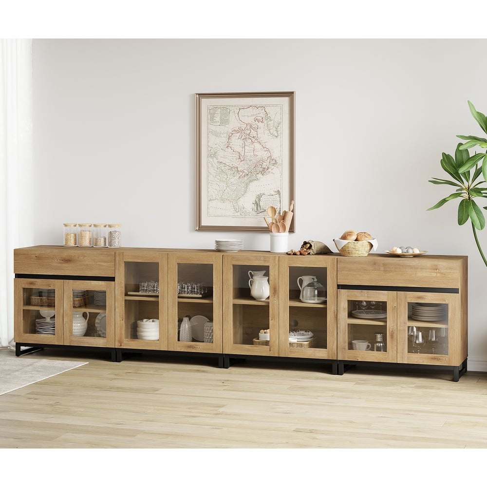 4 in 1 Multifunctional Sideboard Buffet with Glass Doors & 5 Drawers, Modern Credenza with Adjustable Shelf and Metal Base