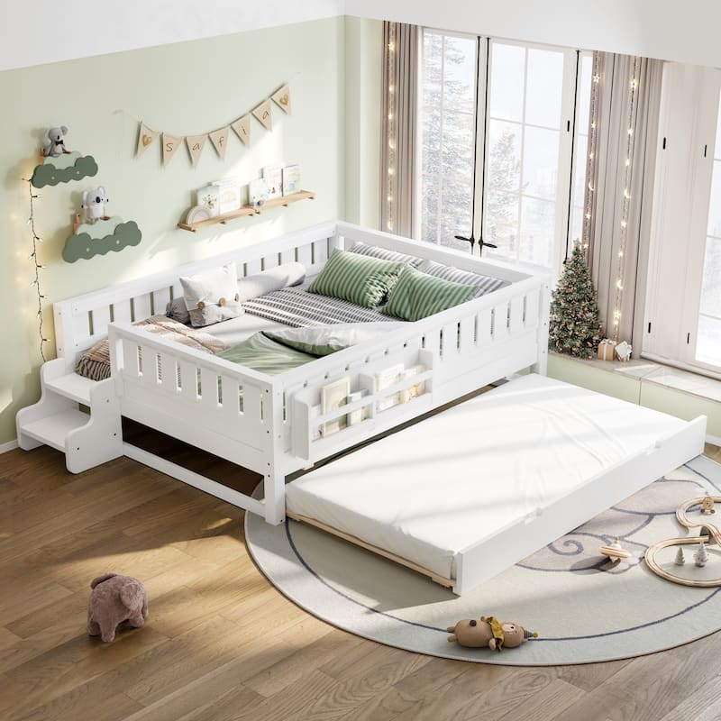 Full/Twin Loft Bed with Bookshelves, Safety Stairs & Trundle