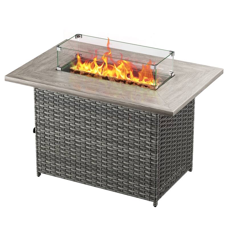 Meyreso 41 in. Rectangular Brown Wicker and Metal Propane Gas Outdoor Fire Pit Table with Lava Rocks, 50000 BTU