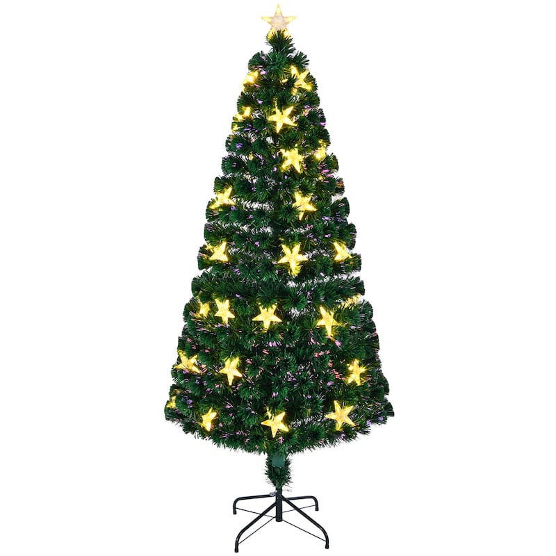Holiday Decoration Tree, 7 FT Pre-lit Fiber Optic Christmas Tree with Metal Stand and Large Stars for Holiday Decoration