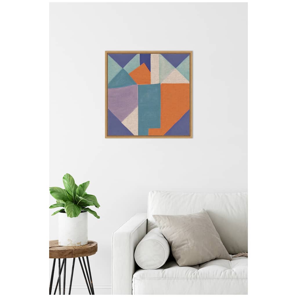 Kate and Laurel Sylvie Painterly Soft Geometric Shapes Neutral Linen Framed Canvas by The Creative Bunch Studio