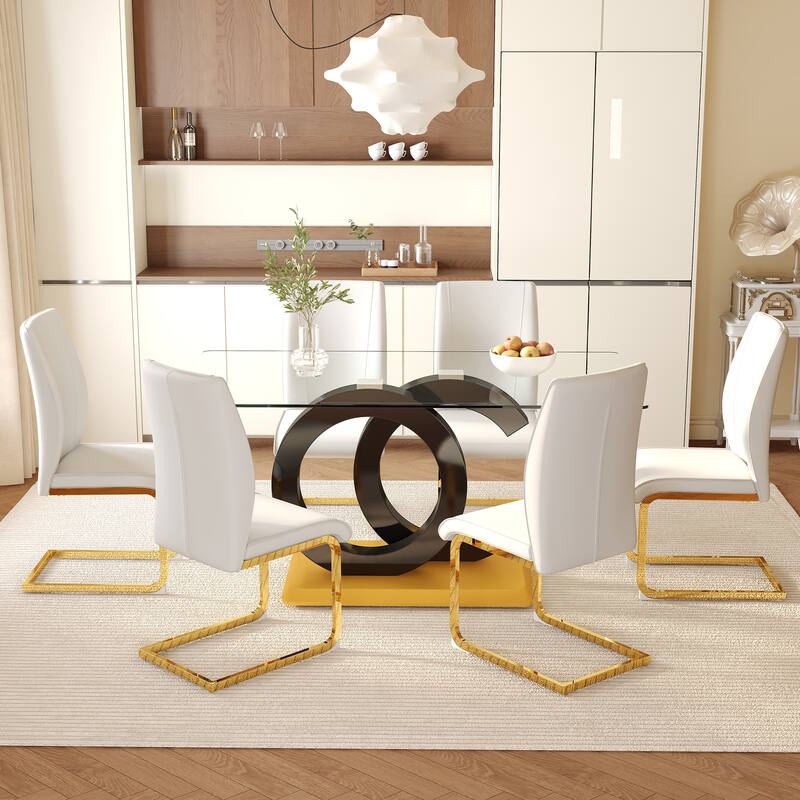 Luxury 7-Piece Dining Table Set 63-Inch Rectangular Glass Table with 6 Faux Leather Chairs Modern Kitchen Dining Table Set for 6