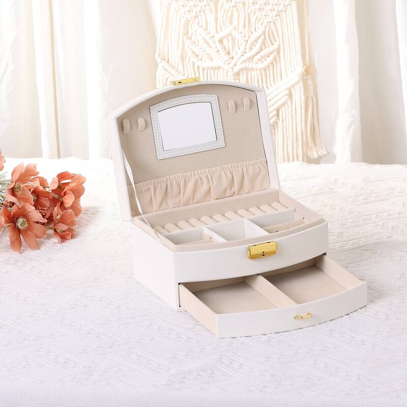 2 Layer Jewelry Box with Mirror, PU Leather Jewelry Organizer Case Storage Display Holder with Drawer, Removable Jewelry Tray