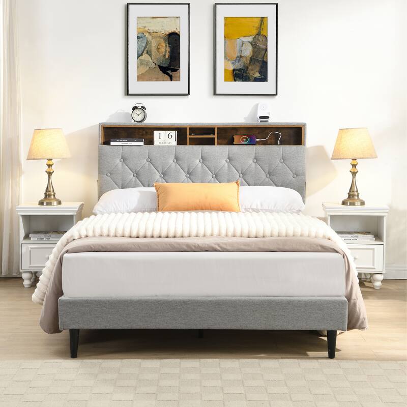 Queen-Size Upholstered Platform Bed Frame with a Modern Button-Tufted Linen Fabric Headboard,Convenient Charging Station