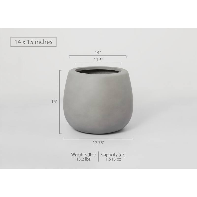 Short Narrow Mouth Globe 1- Piece Fiber Stone Round Planter Pot - 15 in. H x 14 in. W x 14 in. L - Grey