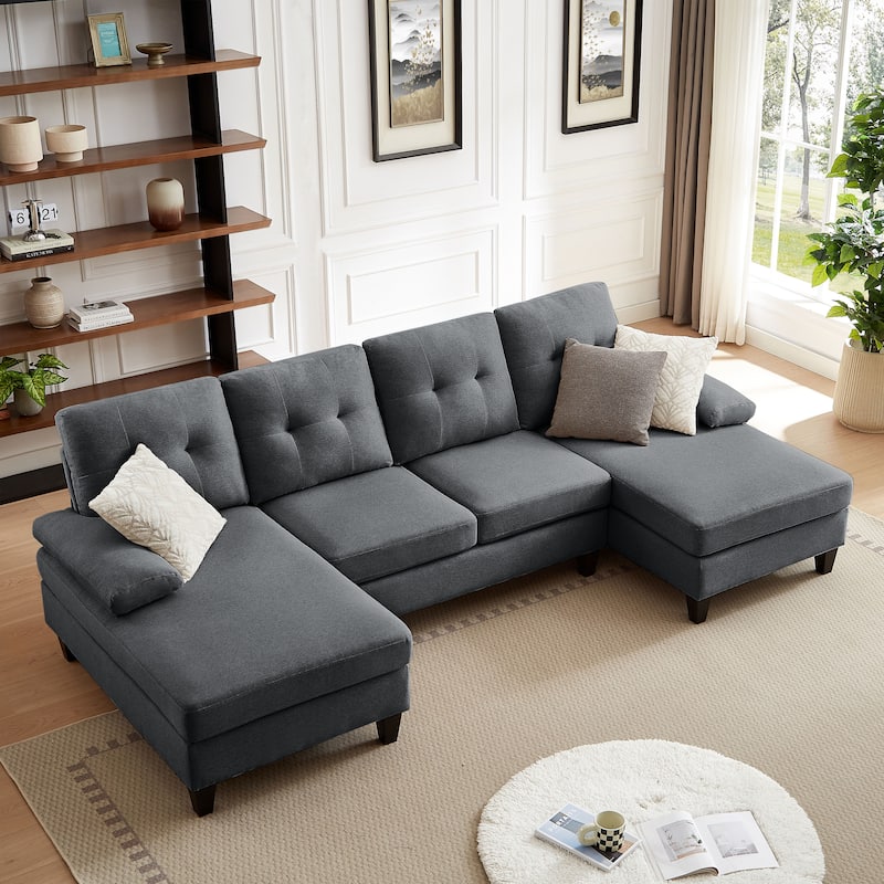4 Seat U Shaped Sectional Sofa Couch with Double Chaise for Living Room