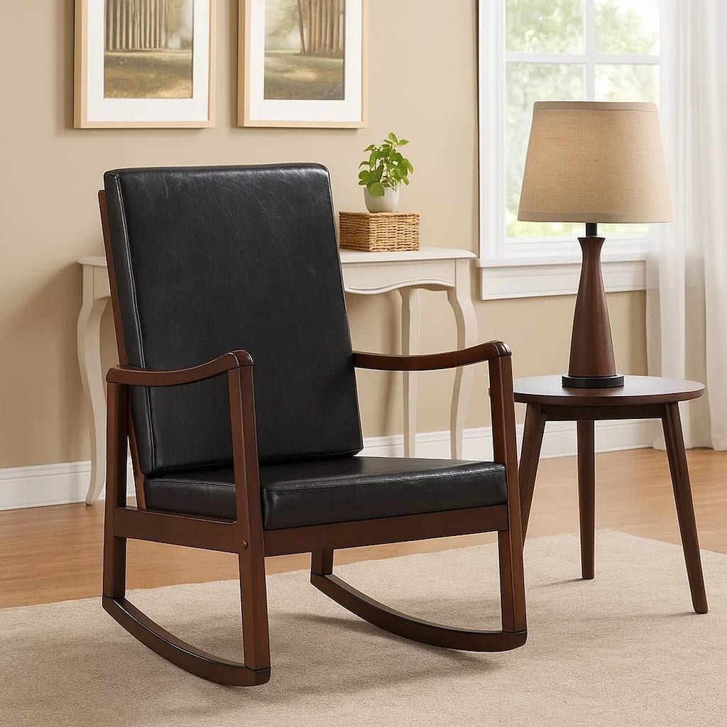 Rocking Chair with Leatherette Seating and Wooden Frame, Black