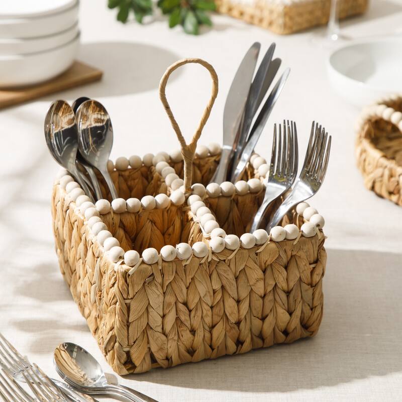 Gibson Home Woven Utensil Caddy with 4 Compartments, Natural Hand-Braided Water Hyacinth Basket with Wood-Bead Trim