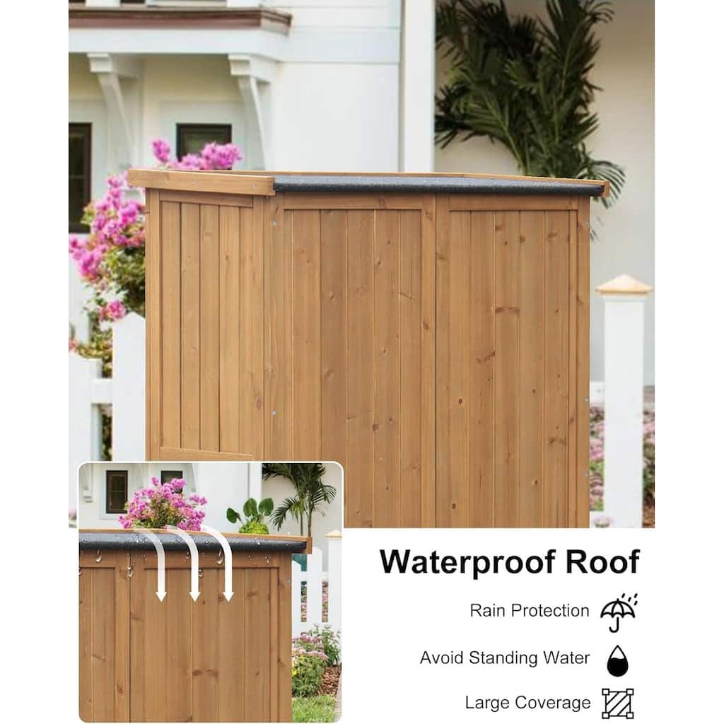 Outdoor Wooden Storage Cabinet with Waterproof Roof Shelves, Louvered Double Doors